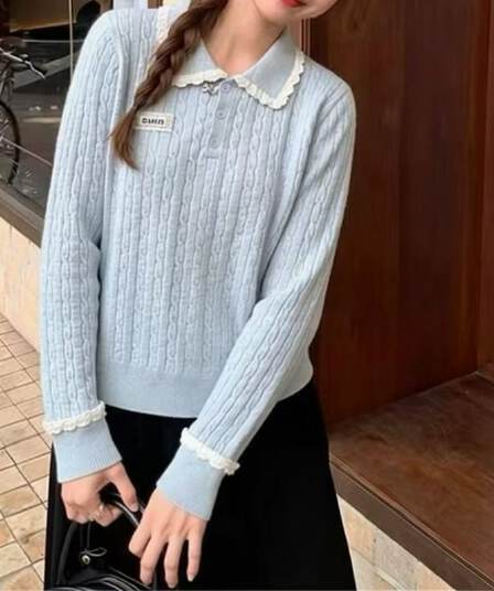 새로운 POLO 칼라 긴팔 Chic 고유 한 니트 스웨터 여성 슬림해 보이는 폴로 칼라 맨위 서비스