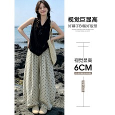 批发米白色波点<b class='q'>高腰</b>阔腿裤女夏薄款2026新款休闲风宽松显瘦弯刀裤