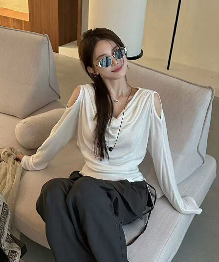 한 부서 이른 가을 새는 어깨 흔들다 칼라 긴팔 티셔츠 여성 다용도 품격 여성 셔츠 트렌디