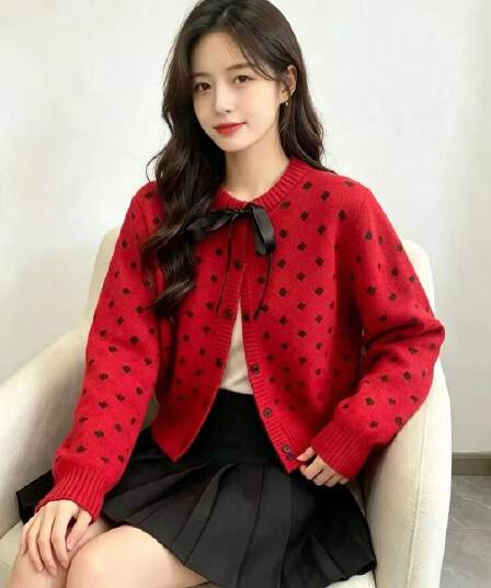 빨간색 도트 무늬 스웨터 여성 코트 2026 새로운 올해 인기 아름다운 겨울 빅 사이즈 지방 mm 니트 오픈 가디건 맨위