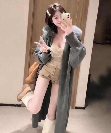 고급 센스 느긋한 바람 롱 코트 후드 스웨터 코트 가을 겨울 한국 스타일 루즈핏 다용도 두꺼운 니트 코트 여성