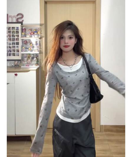 아메리칸 페이크 레이어드 나비 매듭 긴팔 티셔츠 여름 얇은 스타일 핫걸 몸매 가꾸기 맨위