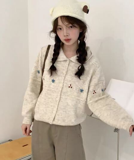 한 부서 연령 감소 달콤함 자수 쇼트 스타일 작은 폴로 칼라 스웨터 오픈 가디건 여성 루즈핏 봄 가을 겨울 니트 맨위 재킷 두꺼움
