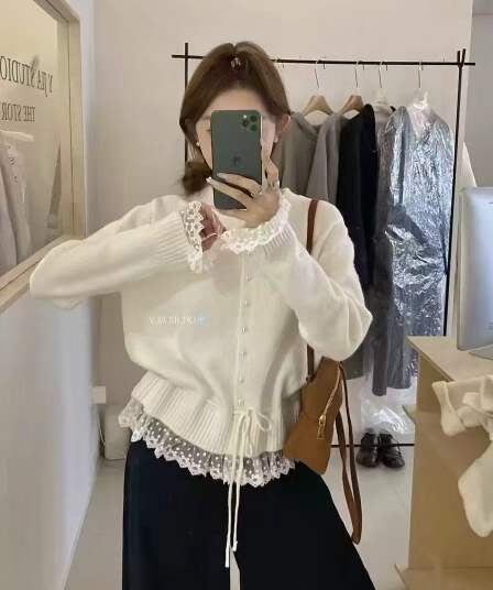 한 부서 달콤함 연령 감소 레이스 레이스 허리 수축 레이스업 스웨터 여성 겨울 루즈핏 슬림해 보이는 다용도 라운드 넥 맨위