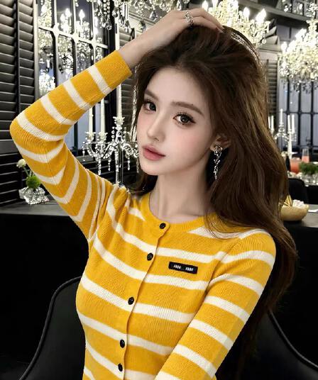 출퇴근 바람 라운드 넥 황색 스트라이프 니트 오픈 가디건 여성 이른 가을 긴팔 몸매 가꾸기 슬림해 보이는 품격 맨위