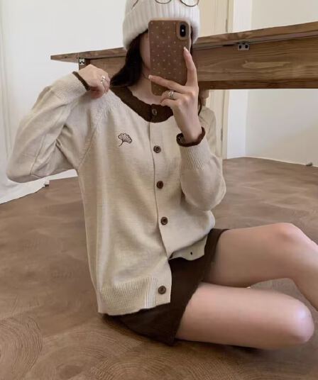 한 부서 학원 스타일 배색 은행 나무 자수 니트 스웨터 루즈핏 부드러운 분위기 센스 가을 겨울 새로운 맨위 여자