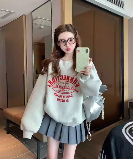모방 Mianhua 면 복합 얇은 스타일 310g 털이 있는 400g 라운드 넥 후드티 여성 프린트