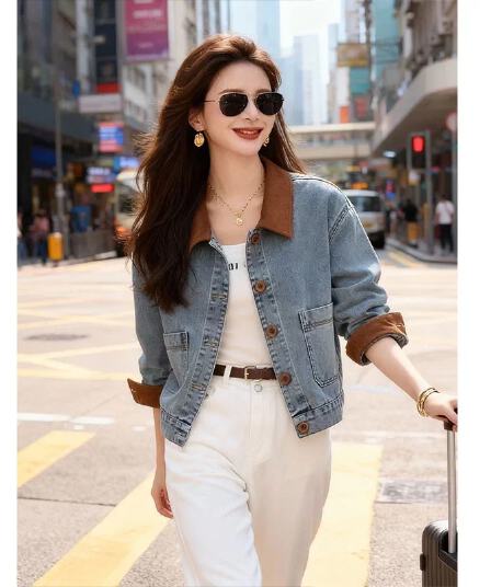 홍콩 느낌 폴로 칼라 쇼트 스타일 데님 여성 코트 한 부서 봄 가을 새로운 작은 키 배색 패치워크 외국 가스 맨위 재킷