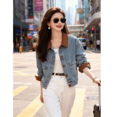 批发港味翻领短款牛仔外套女韩系春<b class='q'>秋</b>新款小个子撞色拼接洋气上衣夹克