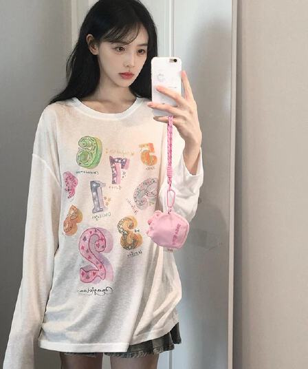 tee 망고 한 부서 귀여운 재미있는 만화 숫자 프린트 화이트 긴팔 블라우스 여성 여름 달콤함 맨위