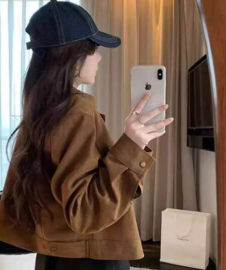 가을 겨울 새로운 레트로 루즈핏 스탠드 칼라 가죽 재킷 가죽 자켓 스웨이드 원단 여성 코트