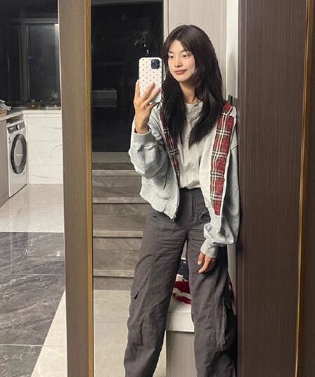 회색 후드 긴팔 후드티 재킷 가을 체크무늬 안감 디자인 센스 아메리칸 레트로 지퍼 오픈 가디건