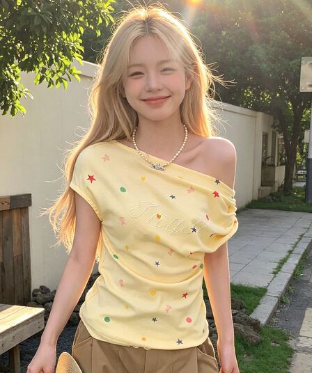 색상 별 프린트 비스듬한 어깨 반팔 티셔츠 여성 오프숄더 맨위
