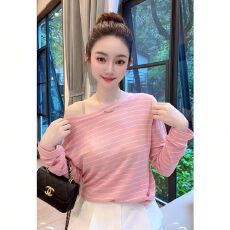 批发条纹斜领露肩长袖T恤女夏季薄款抽褶皱显瘦休闲气质防晒罩衫上衣