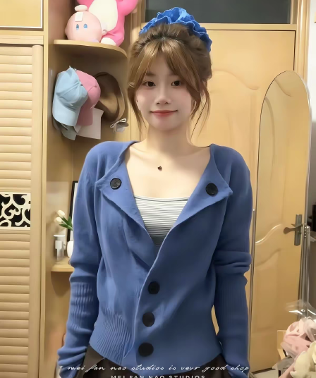 파란색 폴로 칼라 몸매 가꾸기 긴팔 니트 스웨터 조기 가을 의상 여자 2026 새로운 빛 럭셔리 고급 센스 디자인 센스 맨위