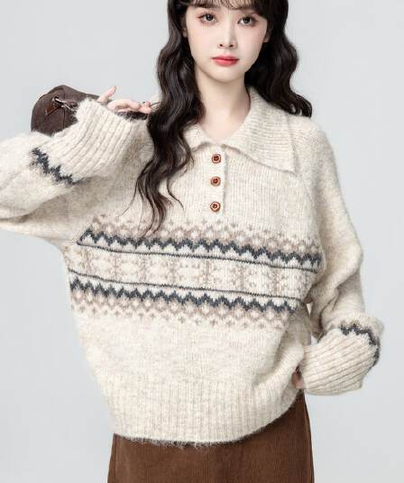 공정한 섬 POLO 칼라 스웨터 여자 가을 겨울 새로운 와이드 부드러운 찹쌀 풀오버 두꺼운 니트 스웨터 보온 외출용 맨위