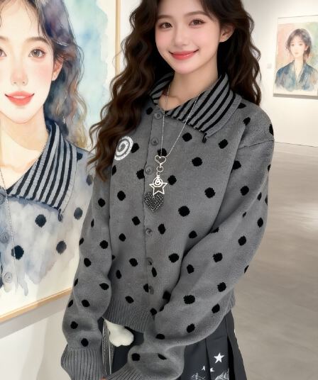 한 부서 소녀 바람 도트 무늬 비스듬한 버클 폴로 칼라 니트 오픈 가디건 가을 겨울 소녀 착용 가져 가라. 루즈핏 다용도 느긋한 스웨터 코트