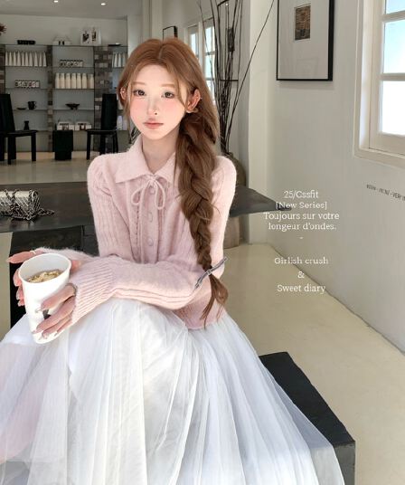 핑크색 허리 수축 레이스업 나비 매듭 홀로우 아웃 부드러운 양모 오픈 가디건