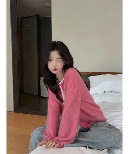 양모 양모 뽕나무 누에 실크 느긋한 슬림해 보이는 캐주얼 다용도 플러시 센스 볼륨 측면 니트 오픈 가디건