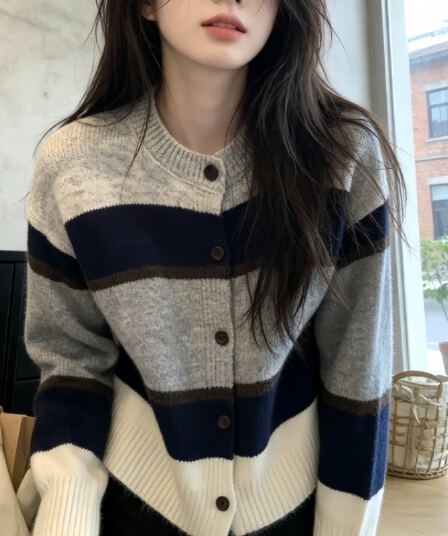 한 부서 배색 스트라이프 스웨터 오픈 가디건 여성 가을 겨울 고유 한 슈퍼 잘 생긴 ux샹 녹색 캐주얼 느긋한 바람 재킷 맨위