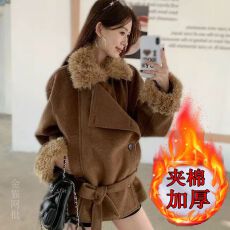 批发冬季夹棉韩系高级感气质毛绒加厚外套女新款百搭<b class='q'>显瘦</b>毛呢大衣