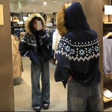批发费尔岛花纹印花毛领连帽外套女秋冬加绒加厚潮牌高街慵懒情侣卫衣