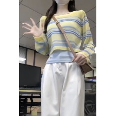 批发曾小咸 韩系条纹镂空短款长袖<b class='q'>针织衫</b>女夏季新款<b class='q'>薄款</b>防晒罩衫上衣