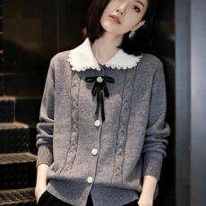 批发学院风娃娃领蝴蝶结<b class='q'>针织</b><b class='q'>开衫</b>女秋冬韩系百搭减龄毛衣外套<b class='q'>短款</b>上衣