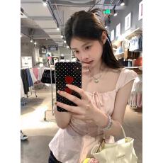 批发纯欲风粉色一字肩方领衬衣女夏季独特别致甜辣妹衬衫上衣