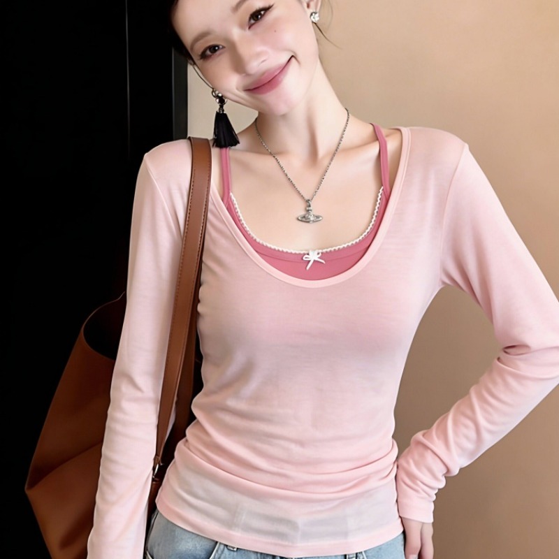 RY8276# 人棉 粉色u领防晒长袖t恤罩衫女两件