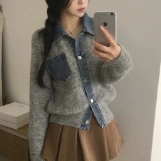 批发韩系复古<b class='q'>牛仔</b>拼接毛衣开衫女秋冬撞色设计感小众针织<b class='q'>衬衫</b>长袖上衣