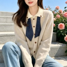 批发韩系丝巾翻领针织衫女2026秋冬新款设计感显瘦小个子长袖<b class='q'>毛衣外套</b>