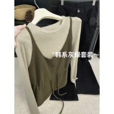 自留爆款推荐~韩系撞色高级感针织衫外搭吊带背心两件套女早秋季