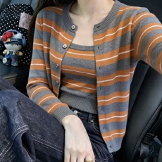 批发韩系橘色条纹针织开衫套装女早秋设计感毛衣外套小众两件套上衣