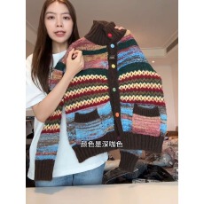 批发复古撞色条纹连帽毛衣<b class='q'>外套</b>女装春秋胖MM遮肉<b class='q'>显瘦</b>针织开衫上衣