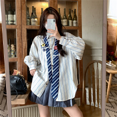 批发美式复古设计感领带条纹<b class='q'>衬衫</b>女
