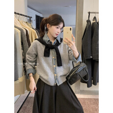 批发冬季假两件韩系<b class='q'>牛仔</b>拼接翻领针织衫女宽松百搭毛衣外套<b class='q'>上衣</b>