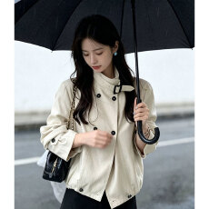 批发气质立领扣袢收袖口双排扣<b class='q'>风衣</b><b class='q'>外套女</b>
