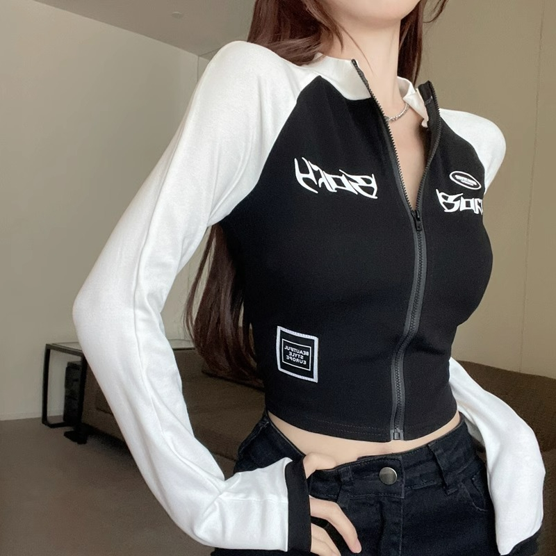 BY35614# 辣妹T恤女ins潮短款辣妹撞色拉链显瘦长袖打底衫上衣 服裝批發女裝批發服飾貨源