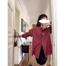 批发美式复古红色<b class='q'>格子衬衫</b>外套女春秋慵懒风宽松长袖衬衣休闲开衫上衣