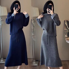 批发秋冬两件套女士气质外穿百搭毛衣裙大码200斤胖MM简约休闲套装裙