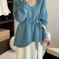 批发韩版气质<b class='q'>不规则</b>慵懒领中长款毛衣秋冬保暖显瘦<b class='q'>针织衫</b>收腰系带上衣