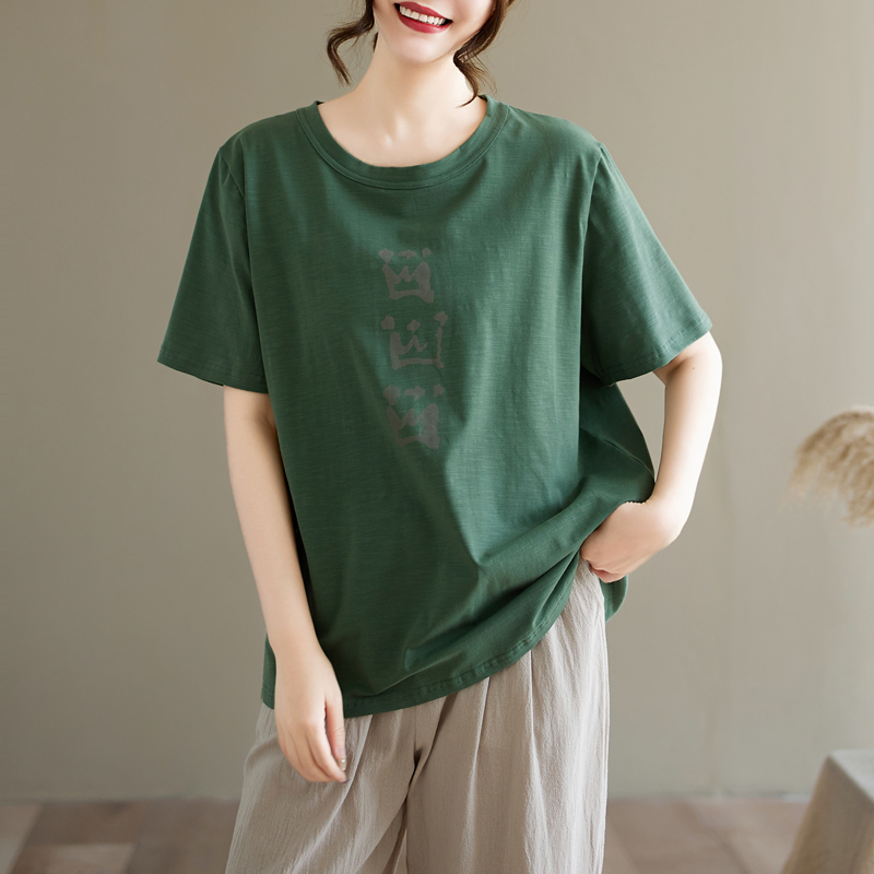 실사 여름 순면 편안함 통기성 대나무 마디 면 프린트 맨위 문예 다용도 면 100% 반팔 티셔츠 여성