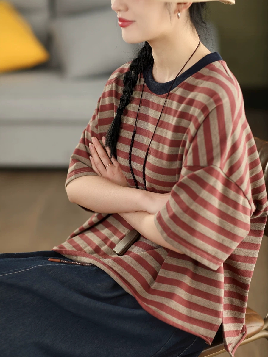높은 품질 두꺼움 t 스트라이프 반팔 봄 여름 라운드 넥 풀오버 셔츠 문예 캐주얼 다용도 티셔츠 맨위