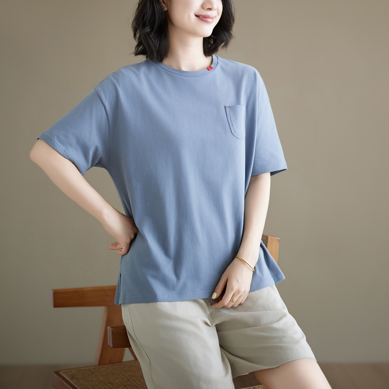 실사 순면 티셔츠 여성 여름 드레스 주간 싱글 문예 미니멀리즘 한국 스타일 루즈핏 동정 다용도 맨위 빅 사이즈 트임