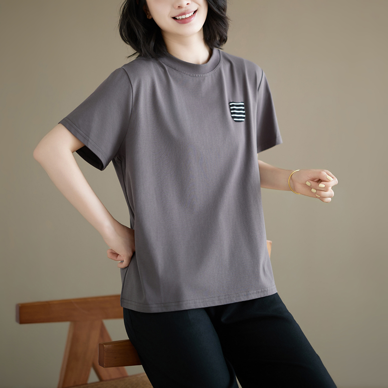 실사 순면 라운드 넥 반팔 티셔츠 여성 다용도 캐주얼 맨위 여름 드레스 새로운 단색 슬림해 보이는 문예 티셔츠