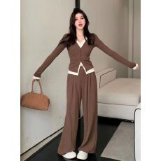 批发韩版秋<b class='q'>冬</b>新款慵懒风针织V领显瘦套装设计感上衣气质休闲裤两件套
