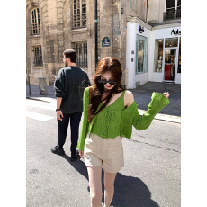 批发旷野<b class='q'>森林</b> 镂空提花V领短款针织套装吊带/系带开衫复古女