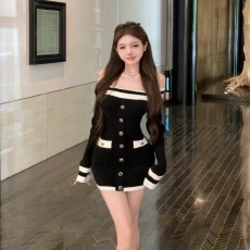 批发纯欲辣妹一字领露肩针织连衣裙女紧身<b class='q'>夜店</b>小心机包臀裙小香风短裙