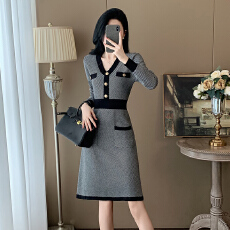 批发小香风针织连衣裙女秋<b class='q'>冬</b>新款高级感气质收腰显瘦通勤外穿毛衣裙子